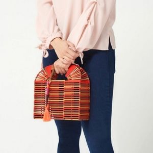 Vince Camuto Beaded Red Multi Paprika Bamboo Birdcage Clutch Beach Bag Tote